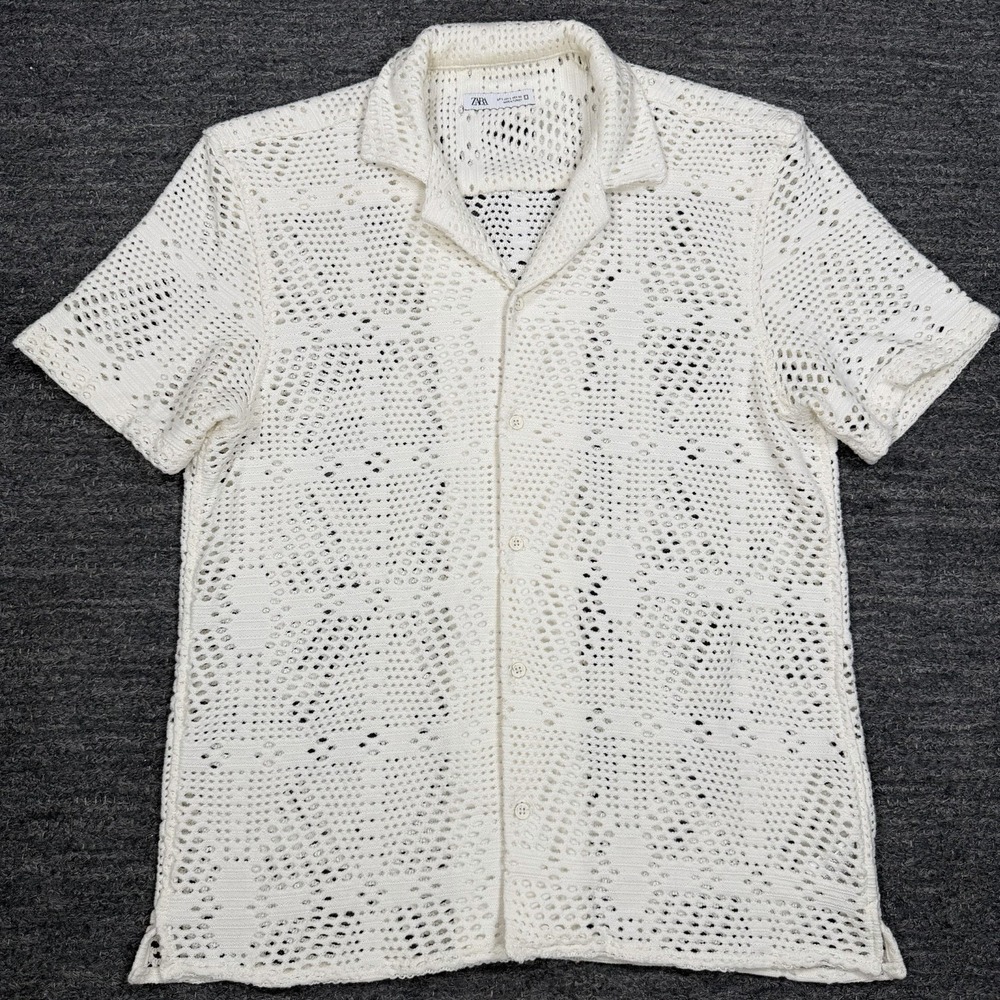 Zara Shirt Men Large Ivory Open Knit Crochet Resort Beach Vacation Beach Cruise